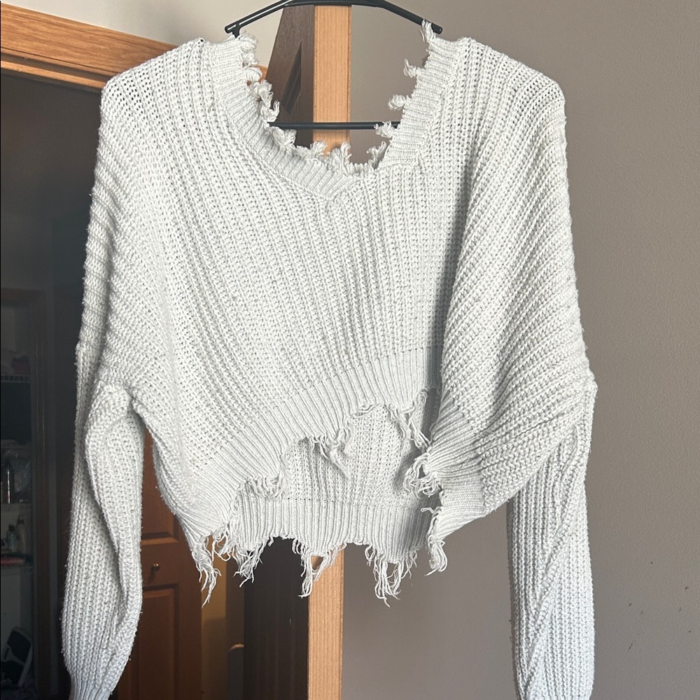 Zaful V-Neck Distressed Sweater - Cream